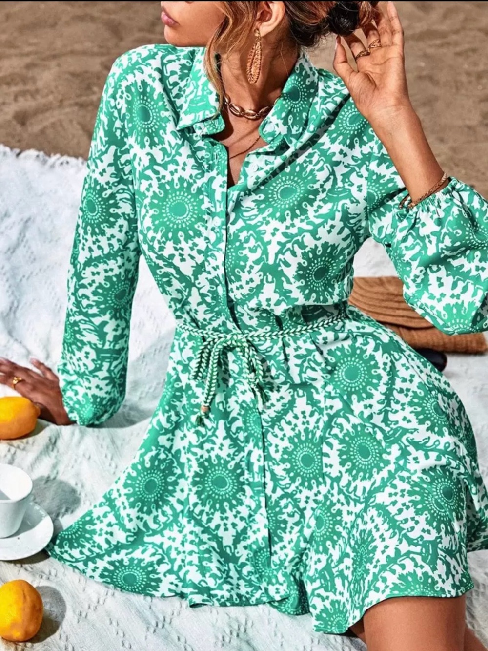 SHEIN Green Printed Tie-Waist Long Sleeve Shirt Dress
